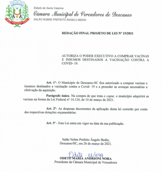 CÂMARA DE VEREADORES PROTOCOLA PROJETO DE LEI PARA COMPRA DE VACINAS