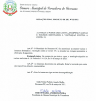 CÂMARA DE VEREADORES PROTOCOLA PROJETO DE LEI PARA COMPRA DE VACINAS