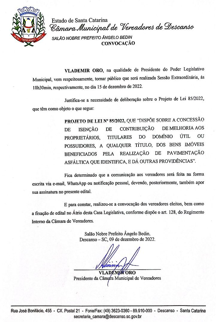 CONVOCAÇÃO SESSÃO EXTRAORDINÁRIA