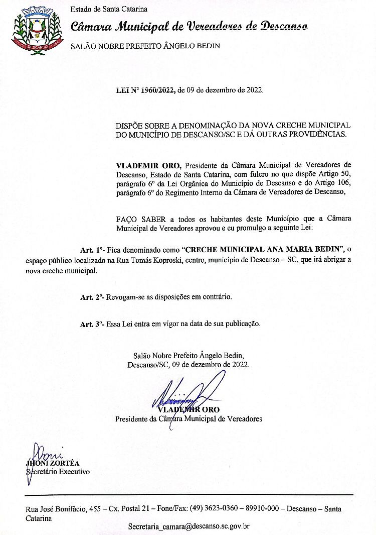 PROMULGAÇÃO DA LEI Nº 1960/2022 DE 9 DE DEZEMBRO 2022.