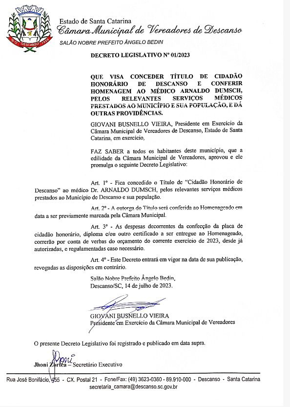 PROMULGAÇÃO DO DECRETO LEGISLATIVO Nº 01/2023.